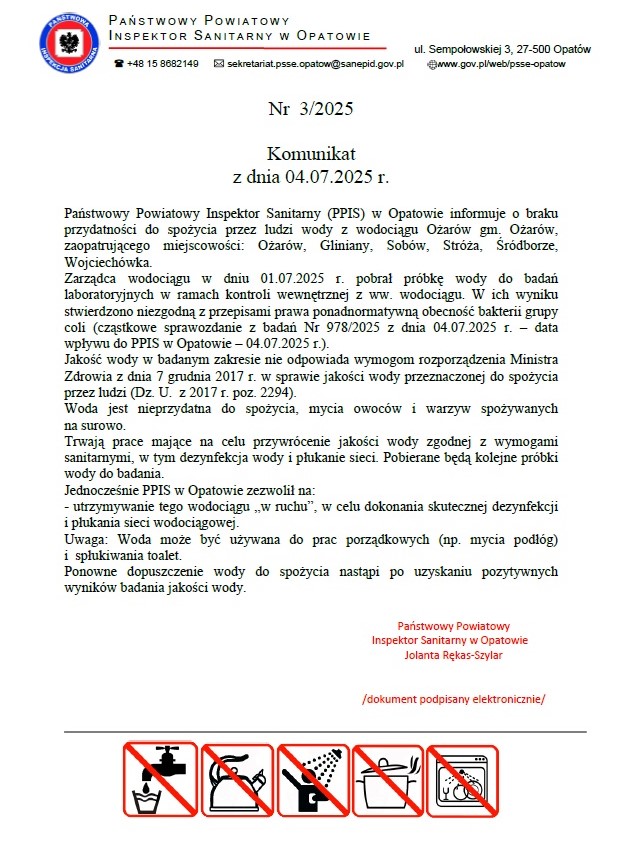 Woda niezdatna wodociąg Ożarów