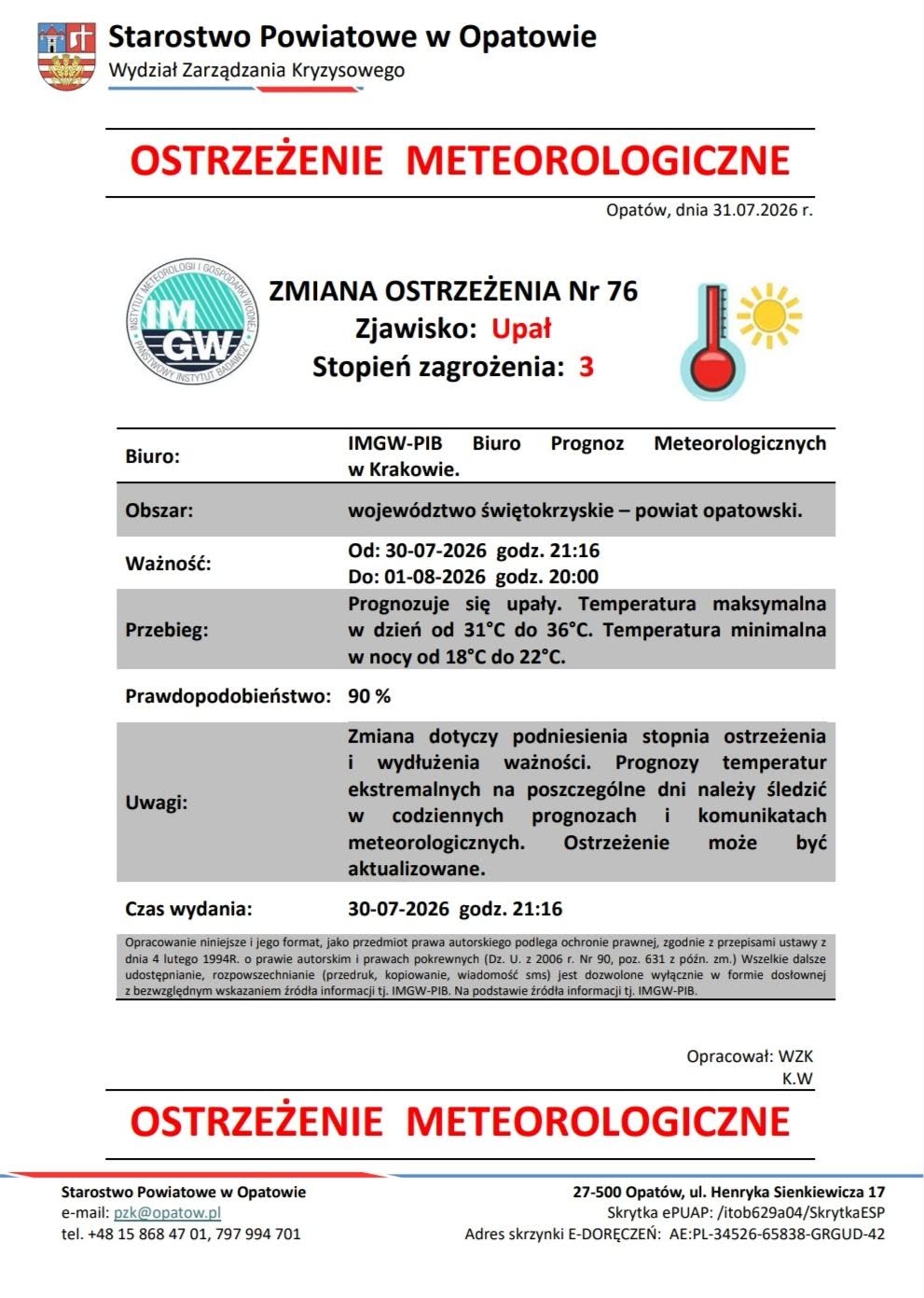 UWAGA UPAŁ - podwyższenie stopnia ostrzeżenia ‼️
